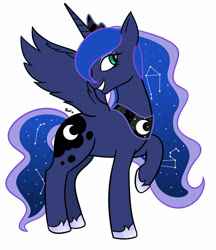 Size: 950x1100 | Tagged: safe, artist:cherrycandi, princess luna (mlp), alicorn, equine, fictional species, mammal, pony, feral, friendship is magic, hasbro, my little pony, 2020, constellation, crown, ethereal mane, ethereal tail, feathered wings, feathers, female, flowing mane, headwear, hoof shoes, horn, jewelry, one hoof raised, peytral, regalia, simple background, smiling, solo, solo female, tail, white background, wings