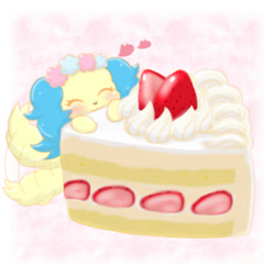 Size: 800x800 | Tagged: safe, artist:秋服えのきつね, sapphie (jewelpet), canine, cavalier king charles spaniel, dog, mammal, spaniel, feral, jewelpet (sanrio), sanrio, berry, blushing, cake, cute, eyes closed, female, food, fruit, heart, pixiv, solo, solo female, strawberry, strawberry shortcake (food), tail, tail wag