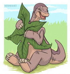 Size: 700x732 | Tagged: safe, artist:greykitty, littlefoot (the land before time), apatosaurus, dinosaur, sauropod, feral, sullivan bluth studios, the land before time, 2d, brown body, cute, hug, leaf, male, solo, solo male, young