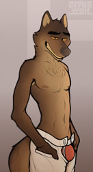 Size: 698x1280 | Tagged: suggestive, artist:clyde_wolf, mr. wolf (the bad guys), canine, mammal, wolf, anthro, dreamworks animation, the bad guys, 2021, armpit fluff, armpits, belly button, bottomwear, brown body, brown fur, bulge, clothes, fluff, fur, gradient background, grin, hands in pockets, male, mature, mature male, open pants, pants, partial nudity, solo, solo male, topless, yellow eyes