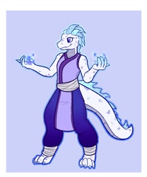 Size: 1000x1200 | Tagged: safe, artist:heir of rick, oc, oc:snoriel (heir of rick), dragonborn, fictional species, reptile, anthro, dungeons & dragons, ambiguous gender, clothes, digital art, magic, paws, purple background, purple eyes, scales, simple background, solo, sorcerer, tail, white body