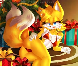 Size: 2985x2558 | Tagged: suggestive, artist:amanddica, artist:amanddicas, miles "tails" prower (sonic), canine, fox, mammal, red fox, anthro, sega, sonic the hedgehog (series), 2021, big breasts, big butt, bikini, breasts, butt, christmas, clothes, ears, female, hair, high res, holiday, looking at you, mila "tails" prower, multiple tails, presenting, raised tail, rear view, smiling, smiling at you, solo, solo female, swimsuit, tail, tailsko, thick thighs, thighs, two tails, vixen