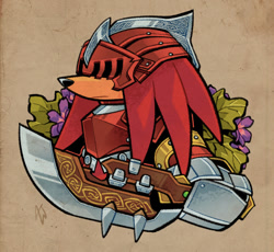 Size: 1334x1225 | Tagged: safe, artist:mintywhisker, knuckles the echidna (sonic), sir gawain (sonic), echidna, mammal, monotreme, anthro, sega, sonic and the black knight, sonic the hedgehog (series), archived source, armor, flower, frowning, fur, headwear, helmet, holding, leaf, male, plant, plate armor, red body, red fur, simple background, solo, solo male, sword, weapon