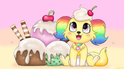 Size: 1280x711 | Tagged: safe, artist:glitterthepup, oc, oc:glitter (glitterthepup), canine, cavalier king charles spaniel, dog, mammal, spaniel, feral, blushing, cherry, collar, cute, diaper, female, food, fruit, ice cream, open mouth, pink eyes, puppy, rainbow background, solo, solo female, wafer, whipped cream, young