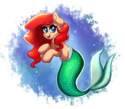 Size: 922x805 | Tagged: safe, artist:confetticakez, ariel (the little mermaid), equine, fictional species, fish, mammal, merpony, pony, disney, hasbro, my little pony, the little mermaid (disney), 2d, blue eyes, crossover, cute, female, front view, fur, green tail, hair, looking at you, mane, mare, mermaid tail, open mouth, peach body, peach fur, ponified, red hair, red mane, smiling, smiling at you, solo, solo female, tail, three-quarter view