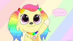 Size: 854x480 | Tagged: safe, artist:glitterthepup, oc, oc only, oc:glitter (glitterthepup), canine, cavalier king charles spaniel, dog, mammal, spaniel, feral, 2d, 2d animation, animated, bow, collar, cute, eyes closed, female, frame by frame, front view, gif, hair bow, open mouth, puppy, rainbow background, solo, solo female, three-quarter view, waving, young