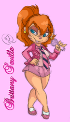 Size: 198x342 | Tagged: safe, artist:esmeia, chipmunk, mammal, rodent, anthro, plantigrade anthro, alvin and the chipmunks, blue eyes, brittany miller (alvin and the chipmunks), cream body, cream fur, female, front view, fur, hair, microphone, orange hair, pink background, simple background, solo, solo female, teenager, three-quarter view