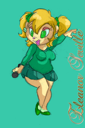 Size: 224x336 | Tagged: safe, artist:esmeia, chipmunk, mammal, rodent, anthro, plantigrade anthro, alvin and the chipmunks, cream body, cream fur, eleanor miller (alvin and the chipmunks), female, front view, fur, green background, green eyes, hair, low res, microphone, open mouth, simple background, solo, solo female, teenager, three-quarter view, yellow hair
