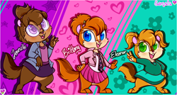 Size: 772x413 | Tagged: safe, artist:esmeia, chipmunk, mammal, rodent, semi-anthro, alvin and the chipmunks, blue eyes, brittany miller (alvin and the chipmunks), child, eleanor miller (alvin and the chipmunks), female, females only, flower background, front view, green background, green eyes, heart, heart background, heart eyes, jeanette miller (alvin and the chipmunks), looking at you, open mouth, open smile, pink background, purple background, purple eyes, siblings, simple background, sister, sisters, smiling, smiling at you, star background, starry eyes, the chipettes (alvin and the chipmunks), three-quarter view, trio, trio female, wingding eyes, young