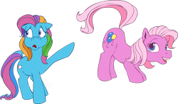 Size: 1609x947 | Tagged: safe, artist:stinkek, earth pony, equine, fictional species, mammal, pony, feral, hasbro, my little pony, my little pony g3, 2d, blue eyes, butt, butt shake, cutie mark, duo, duo female, female, females only, fur, hair, mane, pink body, pink fur, pink hair, pink mane, pink tail, pinkie pie (mlp g3), purple eyes, rainbow dash (mlp g3), rainbow hair, rainbow mane, rainbow tail, simple background, tail, transparent background, ungulate
