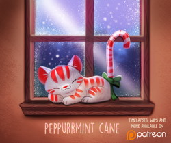 Size: 1000x834 | Tagged: safe, artist:cryptid-creations, cat, feline, fictional species, food creature, hybrid, mammal, feral, 2019, ambiguous gender, candy, candy cane, christmas, cute, eyes closed, food, holiday, patreon, pun, sleeping, smiling, solo, solo ambiguous, visual pun