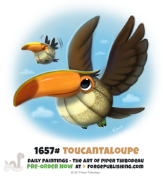 Size: 679x734 | Tagged: safe, artist:cryptid-creations, bird, fictional species, food creature, toucan, feral, ambiguous gender, ambiguous only, duo, duo ambiguous, flying, pun, visual pun, young