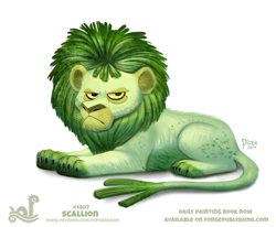 Size: 863x710 | Tagged: safe, artist:cryptid-creations, big cat, feline, fictional species, food creature, lion, mammal, feral, 2d, colored sclera, front view, fur, green body, green fur, green hair, green mane, green tail, grumpy, hair, male, mane, pun, scallion, simple background, sitting, solo, solo male, tail, three-quarter view, visual pun, white background, yellow sclera