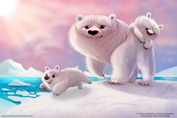Size: 950x633 | Tagged: safe, artist:cryptid-creations, bear, mammal, polar bear, feral, 2d, ambiguous gender, cub, group, iceberg, paw pads, paws, snow, sun, trio, trio ambiguous, young