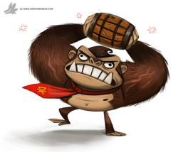 Size: 1000x854 | Tagged: safe, artist:cryptid-creations, donkey kong (donkey kong), ape, fictional species, gorilla, kong (species), mammal, primate, semi-anthro, donkey kong (series), nintendo, 2d, angry, bandanna, barrel, belly button, clothes, cross-popping veins, front view, male, simple background, solo, solo male, white background