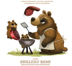 Size: 720x669 | Tagged: safe, artist:cryptid-creations, bear, grizzly bear, mammal, semi-anthro, 2020, 2d, ambiguous gender, apron, brown body, brown fur, clothes, cub, food, fur, grass, grill, group, meat, pun, simple background, spatula, steak, trio, trio ambiguous, visual pun, white background, young