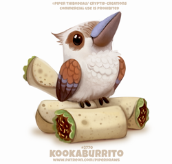 Size: 650x618 | Tagged: safe, artist:cryptid-creations, bird, fictional species, food creature, kingfisher, kookaburra, feral, 2d, ambiguous gender, burrito, food, pun, simple background, sitting, solo, solo ambiguous, visual pun, white background