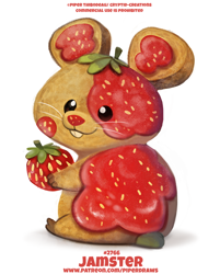 Size: 550x685 | Tagged: safe, artist:cryptid-creations, fictional species, food creature, hamster, mammal, rodent, feral, ambiguous gender, berry, bread, buckteeth, food, fruit, jam, jelly, looking at you, looking back, looking back at you, pun, simple background, sitting, solo, solo ambiguous, strawberry, teeth, visual pun, white background