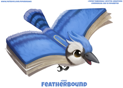 Size: 800x577 | Tagged: safe, artist:cryptid-creations, bird, blue jay, corvid, jay, songbird, 2d, ambiguous gender, beak, book, front view, open beak, open mouth, pun, simple background, solo, solo ambiguous, spread wings, three-quarter view, visual pun, white background, wings