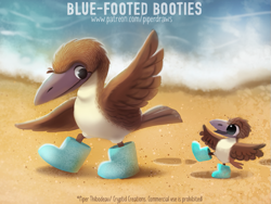 Size: 813x610 | Tagged: safe, artist:cryptid-creations, bird, blue-footed booby, booby, feral, ambiguous gender, ambiguous only, beach, booties, chick, duo, duo ambiguous, looking at each other, parent and child, pun, spread wings, visual pun, water, wings, young