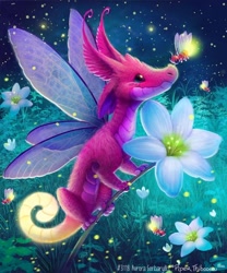 Size: 700x840 | Tagged: safe, artist:cryptid-creations, arthropod, beetle, dragon, fictional species, firefly, furred dragon, insect, western dragon, feral, butterfly wings, cute, flower, fur, grass, night, night sky, pink body, pink fur, plant, sky, smiling, solo focus, starry night, stars