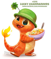Size: 600x702 | Tagged: safe, artist:cryptid-creations, charmander, fictional species, semi-anthro, general mills, nintendo, pokémon, 2018, 2d, bowl, cereal, clothes, clover, cute, four-leaf clover, front view, hat, headwear, looking at you, lucky charms, open mouth, open smile, orange body, pun, smiling, smiling at you, starter pokémon, three-quarter view, visual pun