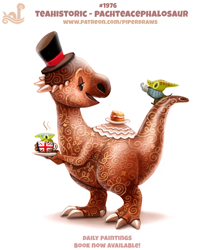 Size: 720x865 | Tagged: safe, artist:cryptid-creations, dinosaur, pteranodon, pterosaur, reptile, feral, 2d, ambiguous gender, drink, food, group, pachycephalosaurus, pun, saucer, simple background, tea, teacup, teapot, top hat, trio, trio ambiguous, visual pun, white background