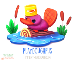 Size: 799x649 | Tagged: safe, artist:cryptid-creations, mammal, monotreme, platypus, feral, hasbro, play doh, 2d, ambiguous gender, cattail, clay, grass, log, patreon, patreon logo, pink body, pun, simple background, solo, solo ambiguous, visual pun, water, white background