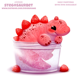 Size: 800x800 | Tagged: safe, artist:cryptid-creations, dinosaur, fictional species, food creature, reptile, stegosaurus, feral, 2d, ambiguous gender, berry, cryptid-creations is trying to murder us, cute, food, fruit, ice cream, pun, simple background, solo, solo ambiguous, sorbet, strawberry, visual pun, white background