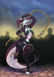 Size: 2897x4096 | Tagged: safe, artist:bdmon_18, fictional species, kobold, reptile, anthro, bottomwear, chains, clothes, dancing, female, hourglass, manacles, panties, skirt, solo, solo female, underwear, wide hips