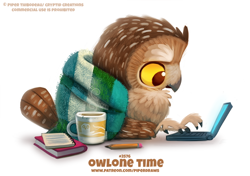 Size: 750x529 | Tagged: safe, artist:cryptid-creations, bird, bird of prey, owl, feral, 2d, ambiguous gender, claws, coffee, coffee cup, colored sclera, computer, drink, notebook, pencil, pun, red eyes, side view, simple background, solo, solo ambiguous, talons, visual pun, white background, yellow sclera