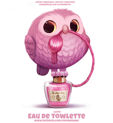 Size: 600x656 | Tagged: safe, artist:cryptid-creations, bird, bird of prey, owl, feral, 2d, ambiguous gender, feathers, front view, perfume, pink feathers, pun, simple background, solo, solo ambiguous, three-quarter view, visual pun, white background, yellow eyes