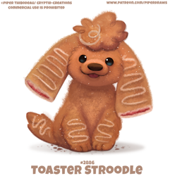 Size: 650x675 | Tagged: safe, artist:cryptid-creations, canine, dog, fictional species, food creature, mammal, poodle, feral, 2d, ambiguous gender, front view, looking at you, open mouth, pun, simple background, solo, solo ambiguous, strudel, toaster strudel, visual pun, white background