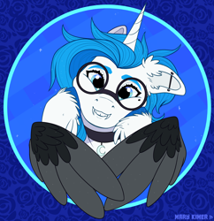 Size: 3704x3824 | Tagged: safe, artist:fluffybardo, alicorn, equine, fictional species, mammal, pony, feral, hasbro, my little pony, 2021, blue hair, blue mane, ear fluff, fangs, female, fluff, fur, glasses, hair, high res, hooves, horn, icon, looking at you, mane, mare, piercing, round glasses, sharp teeth, solo, solo female, teeth, white body, white fur, wings