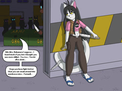 Size: 918x692 | Tagged: dead source, source needed, species needed, safe, artist:gustavothemouse, oc, oc only, mammal, anthro, plantigrade anthro, clothes, female, knife, sandals, shoes, speech bubble