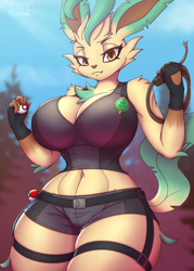 Size: 1250x1750 | Tagged: safe, artist:complextree, eeveelution, fictional species, leafeon, mammal, anthro, series:gym leader eeveelutions by complextree, nintendo, pokémon, square enix, tomb raider, 2021, breasts, clothes, ears, female, hair, huge breasts, looking at you, poké ball, smiling, smiling at you, solo, solo female, tail, thick thighs, thighs