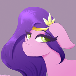 Size: 2480x2480 | Tagged: safe, artist:drawalaverr, pipp petals (mlp), equine, fictional species, mammal, pegasus, pony, feral, cc by-nc, creative commons, hasbro, my little pony, my little pony g5, spoiler:my little pony g5, 2021, bust, circlet, crown, eyelashes, eyeshadow, female, floppy ears, frowning, hair, headwear, high res, jewelry, makeup, mane, mare, offscreen character, pink body, portrait, purple hair, purple mane, regalia, simple background, solo, solo female