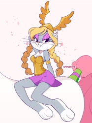 Size: 1610x2152 | Tagged: safe, artist:cremanata_art, bugs bunny (looney tunes), equine, horse, lagomorph, mammal, rabbit, anthro, feral, looney tunes, warner brothers, 3 toes, armor, bedroom eyes, bottomwear, clothes, female, female focus, headwear, helmet, lidded eyes, paws, rule 63, skirt, smiling, solo focus, sparkles