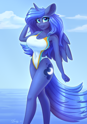 Size: 2480x3508 | Tagged: safe, alternate version, artist:dandy, princess luna (mlp), alicorn, equine, fictional species, mammal, pony, anthro, friendship is magic, hasbro, my little pony, 2021, anthrofied, big breasts, blue body, blue hair, blue tail, breasts, clothes, ears, female, hair, high res, long hair, looking at you, mare, one-piece swimsuit, smiling, smiling at you, solo, solo female, swimsuit, tail, thighs