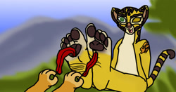 Size: 1024x537 | Tagged: safe, artist:feetandpaws2017, fuli (the lion guard), cheetah, feline, mammal, anthro, plantigrade anthro, disney, the lion guard, the lion king, feather, feet, female, fetish, foot fetish, offscreen character, paw pads, paws, soles, tickling, toes