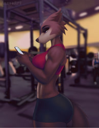 Size: 991x1280 | Tagged: safe, artist:aozee, juno (beastars), canine, mammal, wolf, anthro, beastars, 2021, black nose, bottomwear, breasts, cell phone, cheek fluff, clothes, digital art, ears, eyelashes, female, fluff, fur, gym, muscles, muscular female, phone, shorts, side view, sideboob, smartphone, solo, solo female, sports bra, sports shorts, tail, thighs, topwear, wide hips