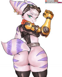 Size: 1024x1280 | Tagged: suggestive, artist:girlsay, rivet (r&c), fictional species, lombax, mammal, anthro, ratchet & clank, 2021, breasts, butt, cameltoe, clothes, digital art, ears, eyelashes, female, fur, goggles, goggles on head, hair, looking at you, panties, pose, prosthetic arm, prosthetics, rear view, simple background, solo, solo female, tail, thighs, underwear, wide hips
