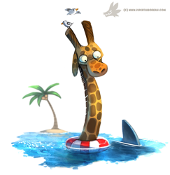 Size: 655x673 | Tagged: safe, artist:cryptid-creations, bird, fish, giraffe, mammal, seagull, shark, feral, 2d, ambient bird, ambient wildlife, ambiguous gender, drupe, island, life preserver, palm tree, partially submerged, plant, scared, simple background, solo focus, tree, ungulate, water, white background