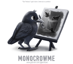 Size: 690x600 | Tagged: safe, artist:cryptid-creations, bird, corvid, crow, songbird, feral, 2d, ambiguous gender, canvas, grayscale, monochrome, paintbrush, painting, pun, simple background, solo, solo ambiguous, trash can, visual pun, white background