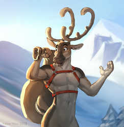 Size: 1000x1029 | Tagged: safe, artist:zaush, cervid, deer, mammal, reindeer, anthro, 2015, antlers, bag, brown body, brown fur, cream body, cream fur, digital art, ears, fur, harness, male, nudity, outdoors, sack, solo, solo male, standing, tack, tail, winter