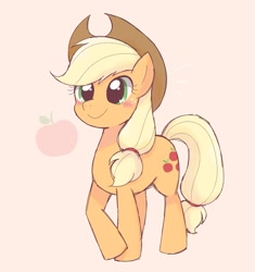 Size: 1721x1827 | Tagged: dead source, safe, artist:ginmaruxx, applejack (mlp), earth pony, equine, fictional species, mammal, pony, feral, friendship is magic, hasbro, my little pony, 2020, apple, blonde hair, blonde mane, blonde tail, blushing, clothes, cowboy hat, cute, eyelashes, female, food, fruit, hair, hat, headwear, mane, mare, orange body, pink background, pixiv, simple background, smiling, solo, solo female, stetson, tail