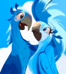Size: 1456x1634 | Tagged: safe, artist:tohupony, blu (rio), jewel (rio), bird, macaw, parrot, spix's macaw, feral, blue sky studios, rio, 2020, 2d, beak, blue eyes, blue feathers, brown eyes, cloud, day, duo, feathers, female, male, open beak, open mouth, sky