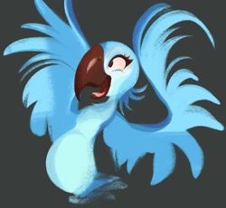 Size: 1505x1382 | Tagged: safe, artist:tohupony, jewel (rio), bird, macaw, parrot, spix's macaw, feral, blue sky studios, rio, 2021, 2d, beak, blue feathers, feathers, female, gray background, open beak, open mouth, simple background, solo, solo female, spread wings, wings