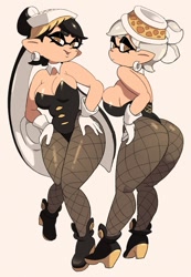 Size: 829x1200 | Tagged: suggestive, artist:yutaagc, callie (splatoon), marie (splatoon), animal humanoid, fictional species, inkling, mollusk, squid, humanoid, nintendo, splatoon, 2021, amber eyes, beauty mark, big breasts, big butt, black hair, breasts, butt, cleavage, clothes, cross-shaped pupils, duo, duo female, ear piercing, earring, female, females only, gloves, gray hair, hair, hand on hip, hat, headwear, looking at you, looking back, looking back at you, open mouth, piercing, pointy ears, shoes, sideboob, simple background, unusual pupils, white background, white gloves