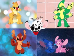 Size: 1024x768 | Tagged: safe, artist:citrusdenny, angel (lilo & stitch), chopsuey (lilo & stitch), experiment 627 (lilo & stitch), reuben (lilo & stitch), stitch (lilo & stitch), oc, oc:oreo (citrusdenny), alien, experiment (lilo & stitch), fictional species, disney, lilo & stitch, 2018, 4 arms, 4 fingers, antennae, antennae marking, back marking, black and white fur, black eyes, black nose, blue body, blue fur, blue nose, blue paw pads, blue tongue, blushing, body markings, chest fluff, claws, colored tongue, dipstick antennae, ear marking, ears, english text, eyebrows, eyes closed, fluff, food, four arms, fur, green body, green claws, green fur, green nose, group, happy, head fluff, head marking, holding, holding food, holding object, licking, long antennae, looking at you, multicolored antennae, neckerchief, occipital marking, open mouth, paw pads, pink body, pink fur, purple claws, purple nose, purple tongue, raised eyebrow, red nose, red paw pads, sandwich, short tail, sitting, standing, tail, text, tongue, tongue out, torn ear, yellow body, yellow fur